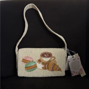 NWT - Beaded Macaron & Coffee Shoulder Bag in Cream